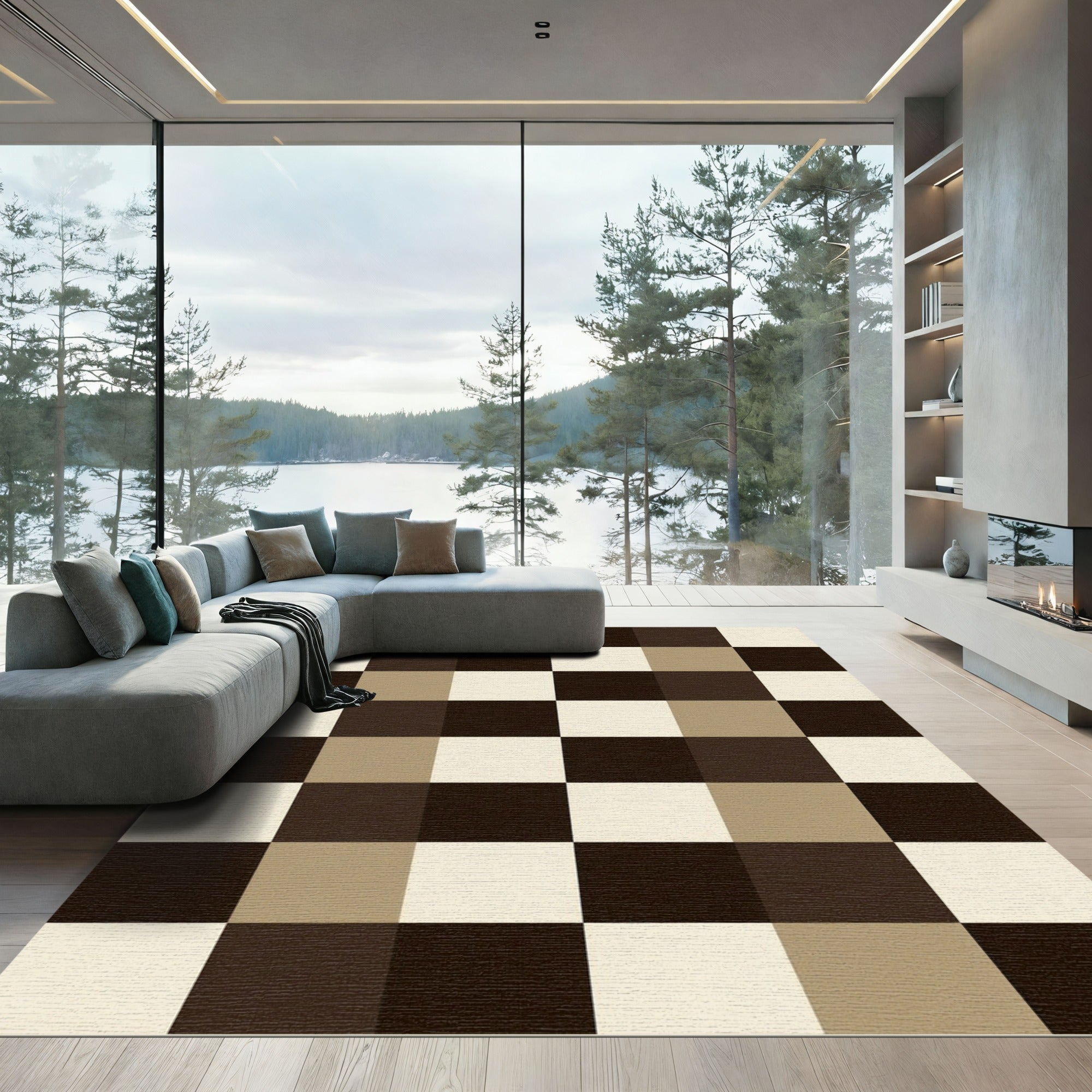 Brown Cream Plaid Squares Rug