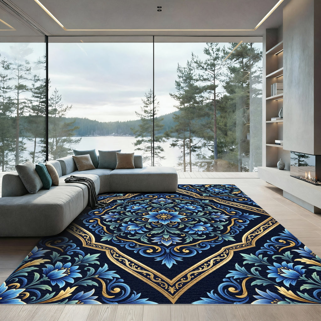 Classic Blue Gold Floral Damask Rug