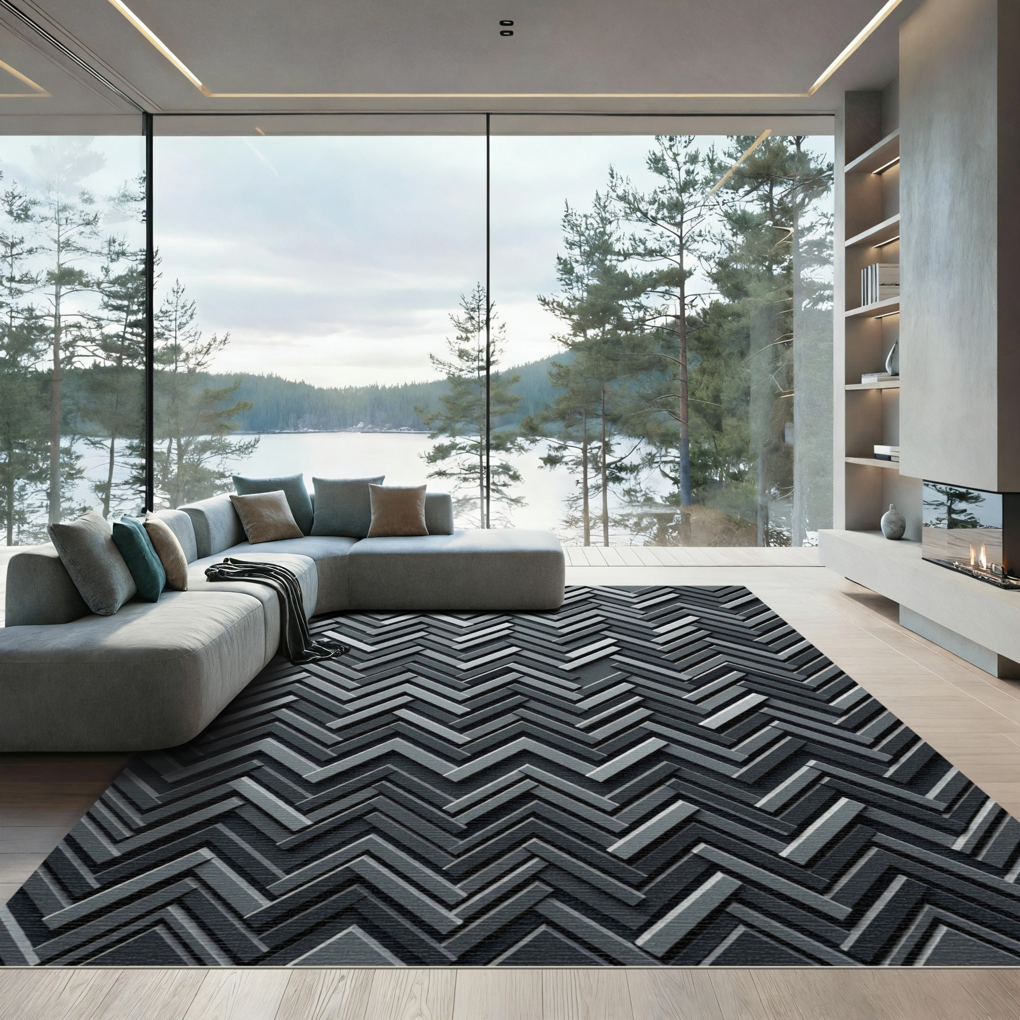 Monochromatic Gray Herringbone Chevron Rug