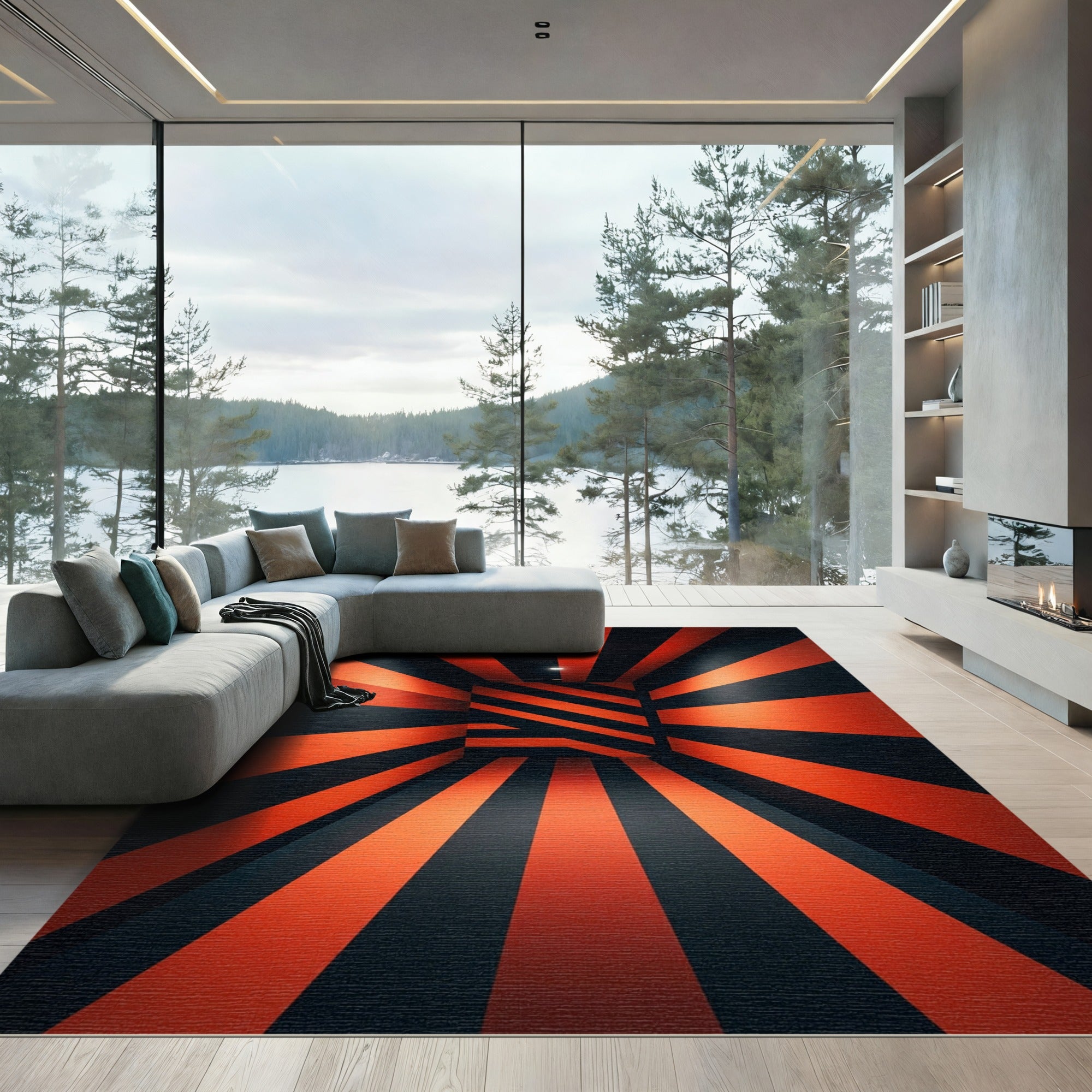 Bold Crimson Black Geometric Linear Rug