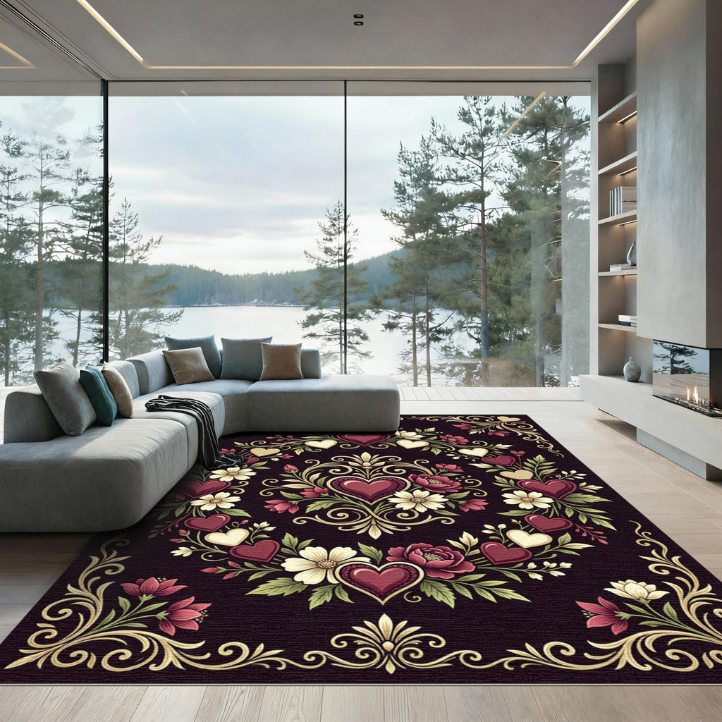 Love Heart Floral Garland Border Rug