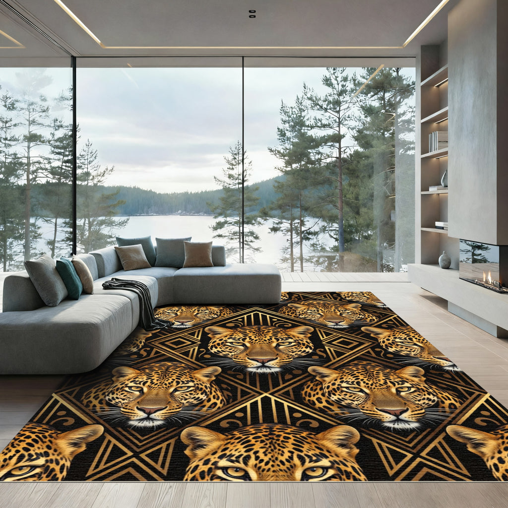 Gold Art Deco Leopard Geometric Grid Rug