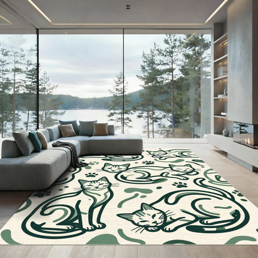 Sage Green Minimalist Cat Illustration Rug
