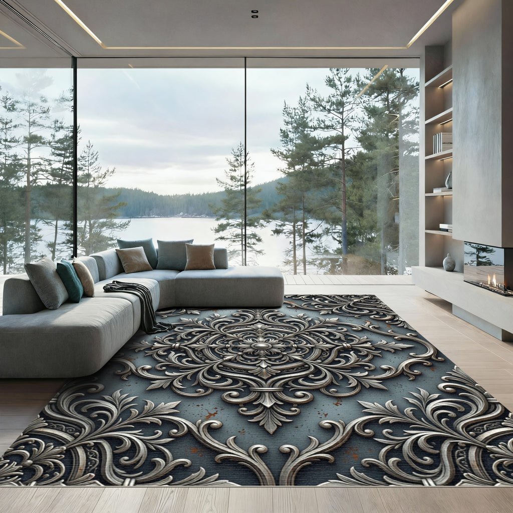 Ornate Silver Metallic Filigree Medallion Rug
