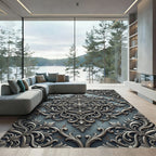 Ornate Silver Metallic Filigree Medallion Rug