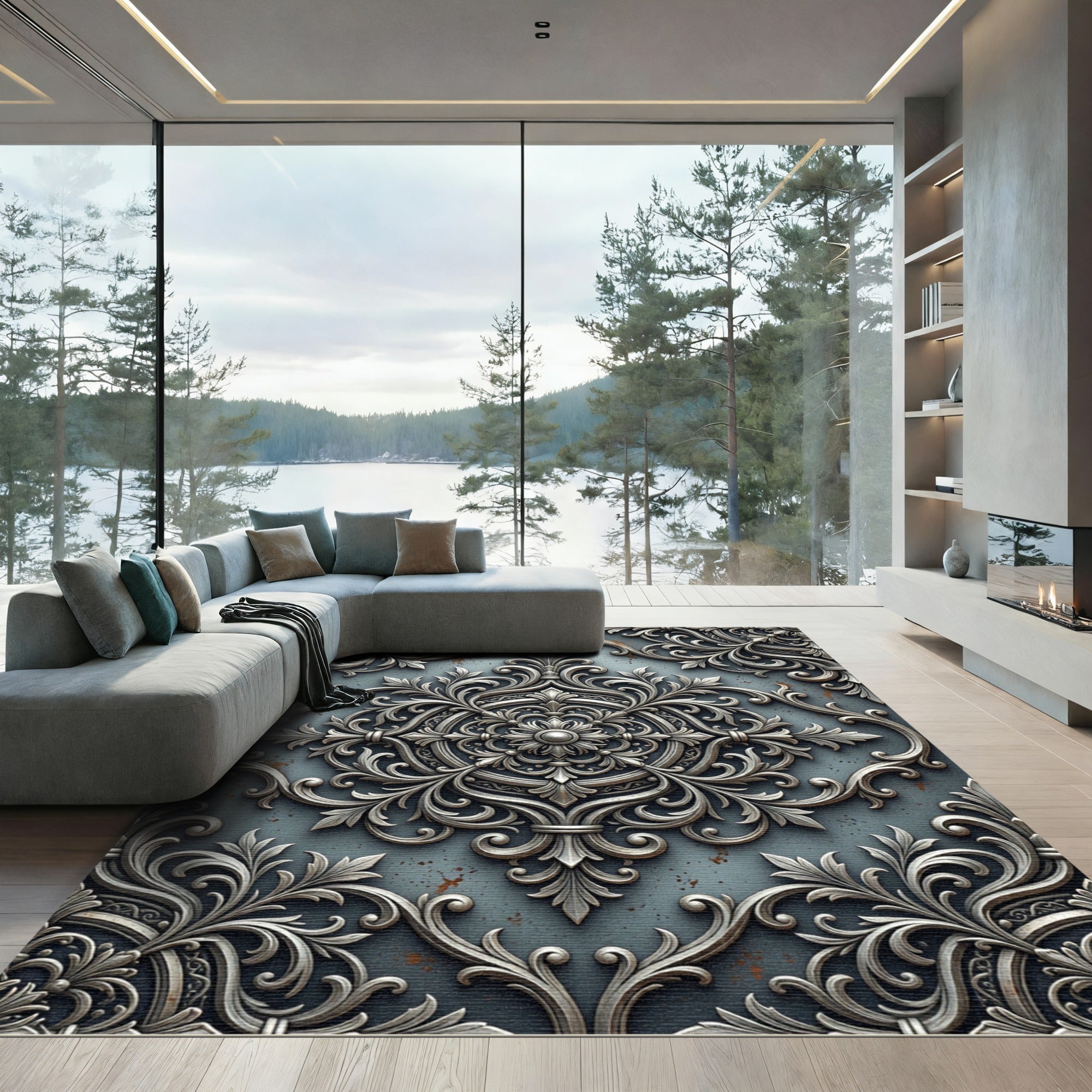 Ornate Silver Metallic Filigree Medallion Rug