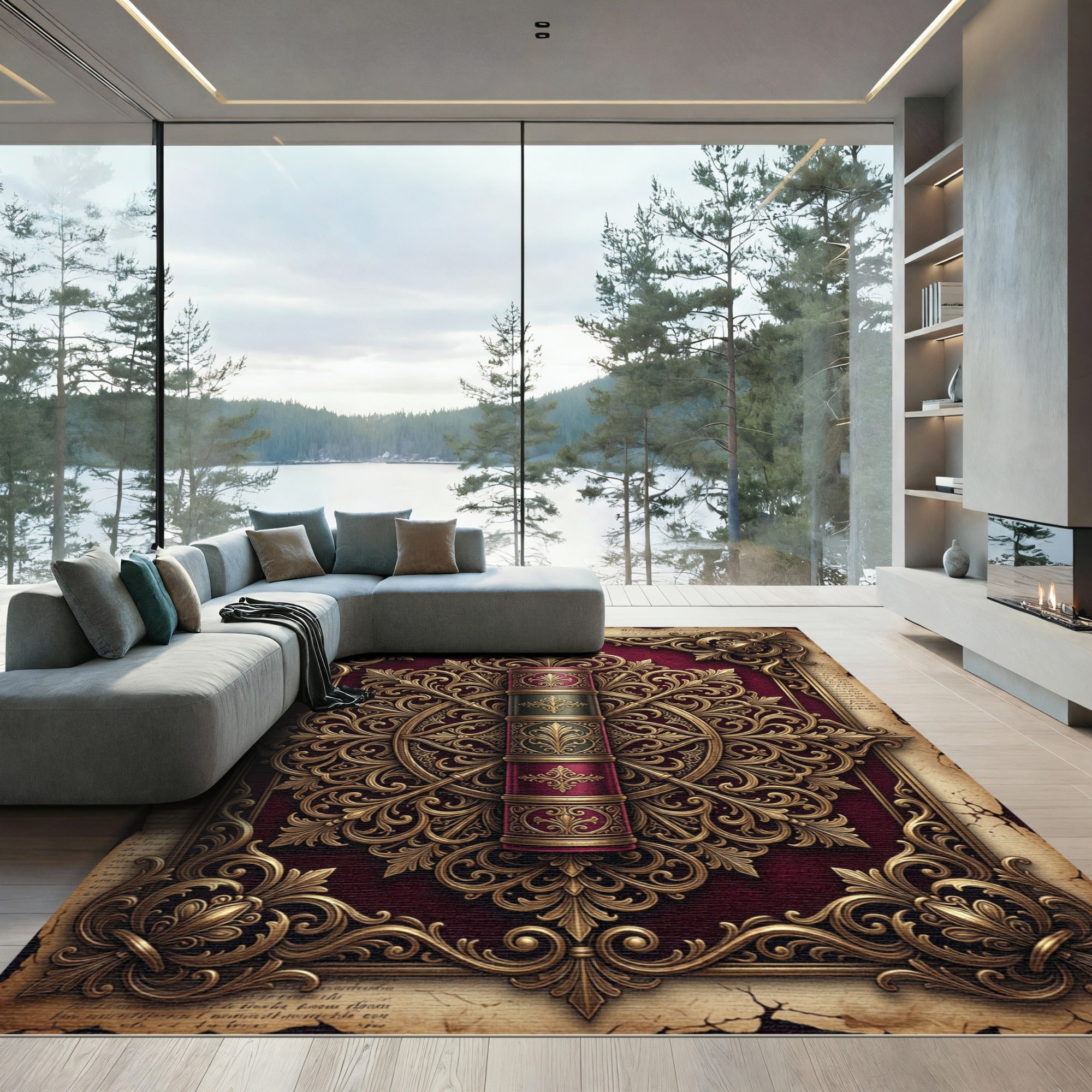 Ornate Crimson Gold Filigree Medallion Rug