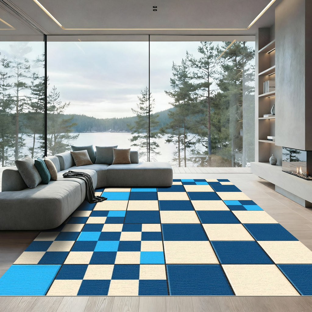 Modern Blue Geometric Abstract Checkered Rug