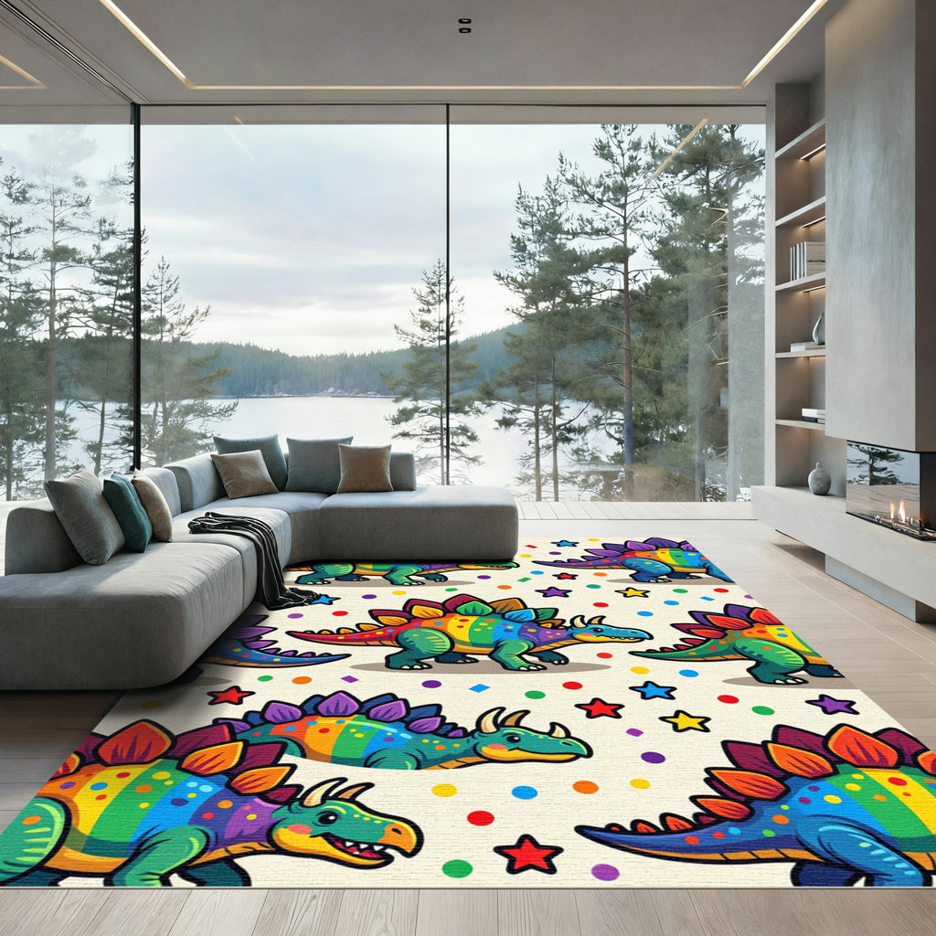 Colorful Whimsical Rainbow Dinosaur Star Party Rug