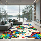 Colorful Whimsical Rainbow Dinosaur Star Party Rug