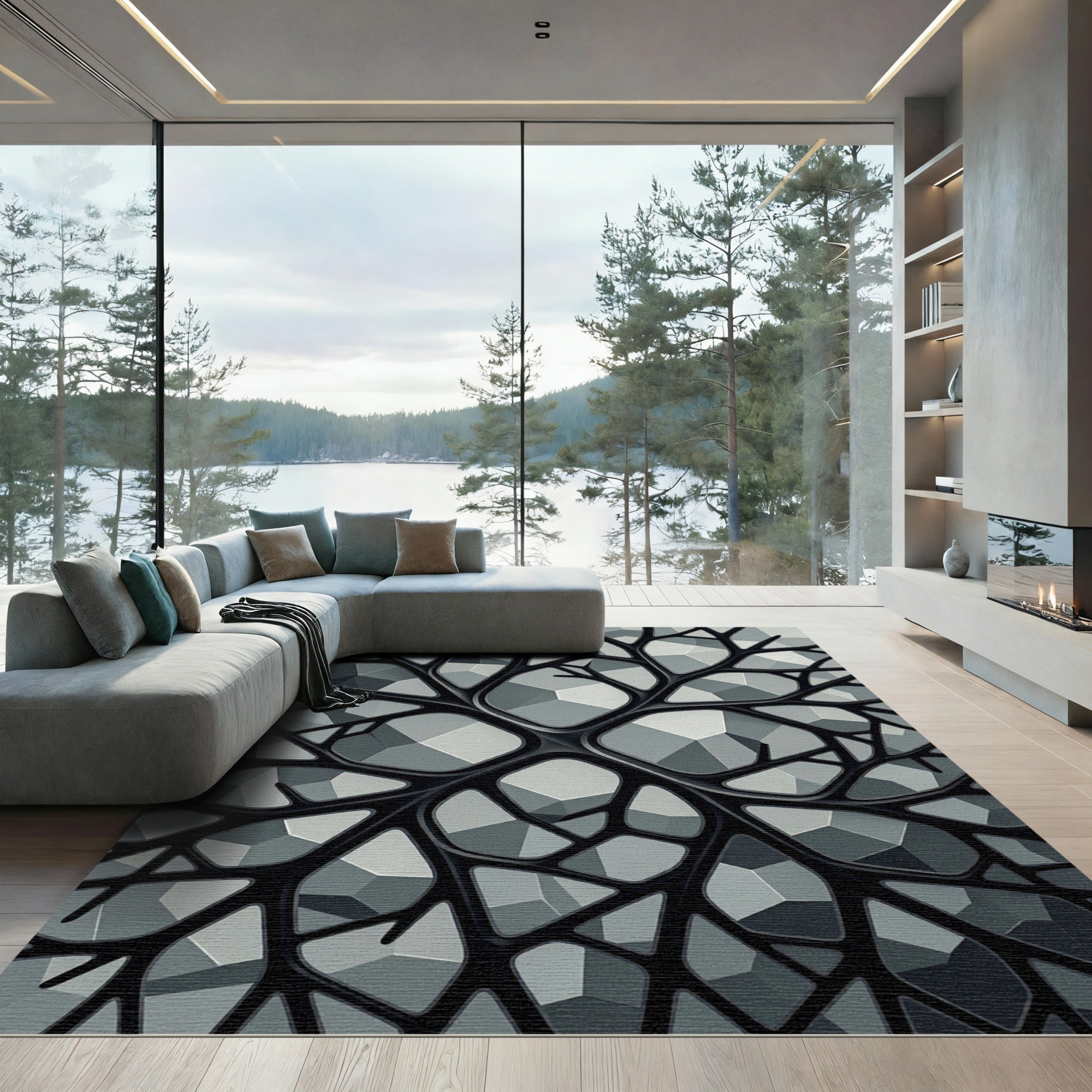 Modern Monochrome Geometric Neural Grid Rug