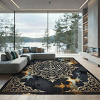 Ornate Gold Calligraphy Dark Floral Medallion Rug