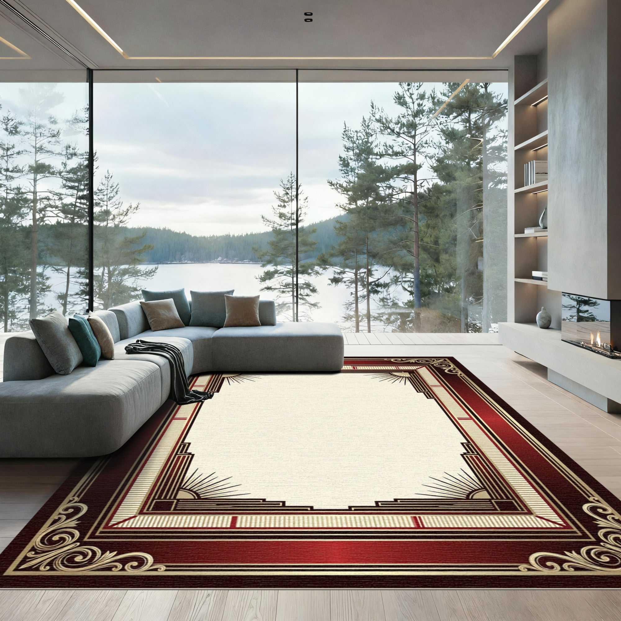 Art Deco Crimson Gold Geometric Frame Rug