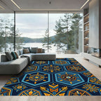 Indigo Gold Geometric Hexagon Mandala Tile Rug