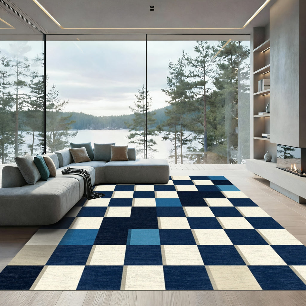 Contemporary Navy and Cream Geometric Grid Rug