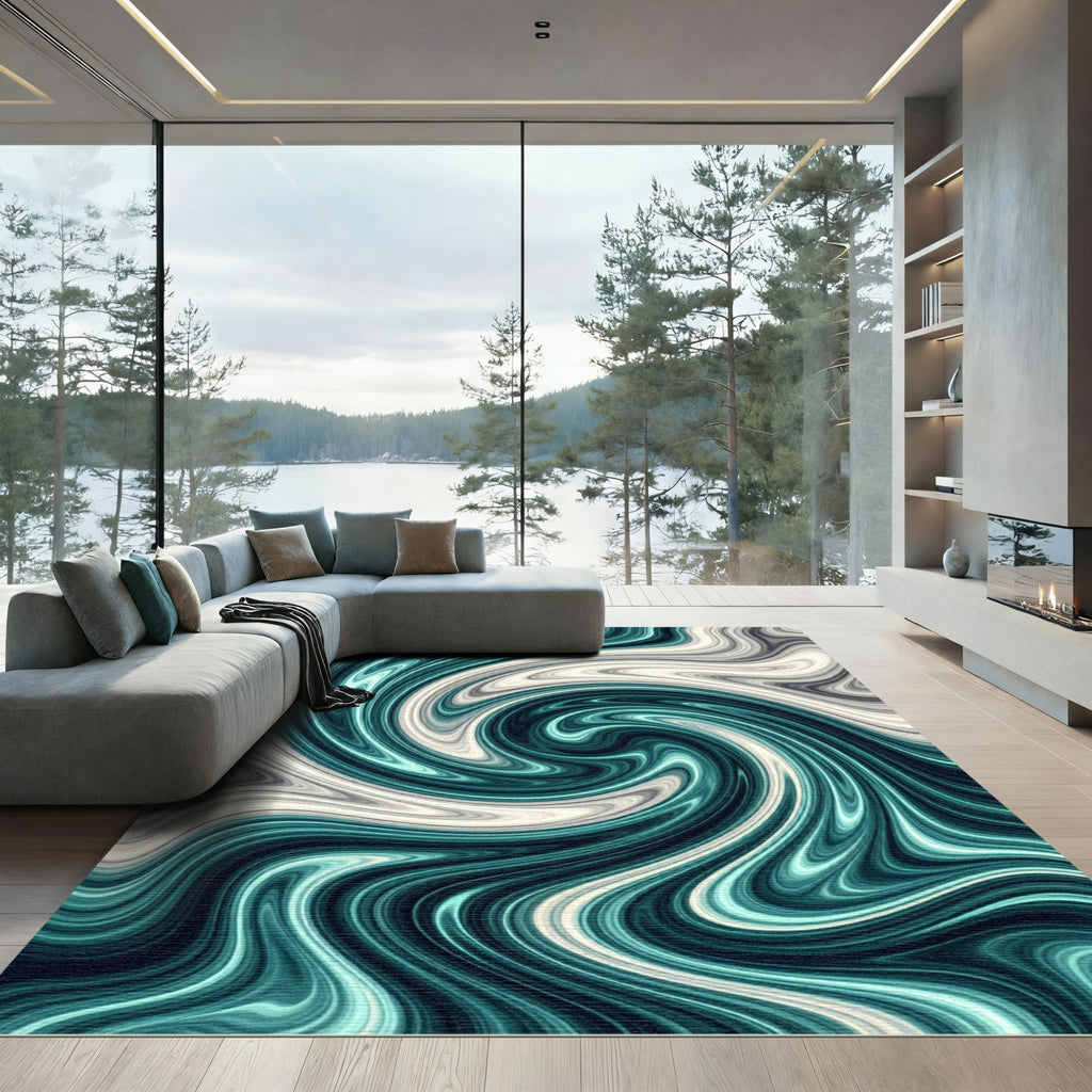 Modern Teal and Cream Marble Swirl Rug