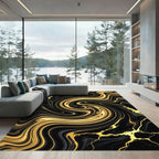 Abstract Black and Gold Liquid Swirl Rug