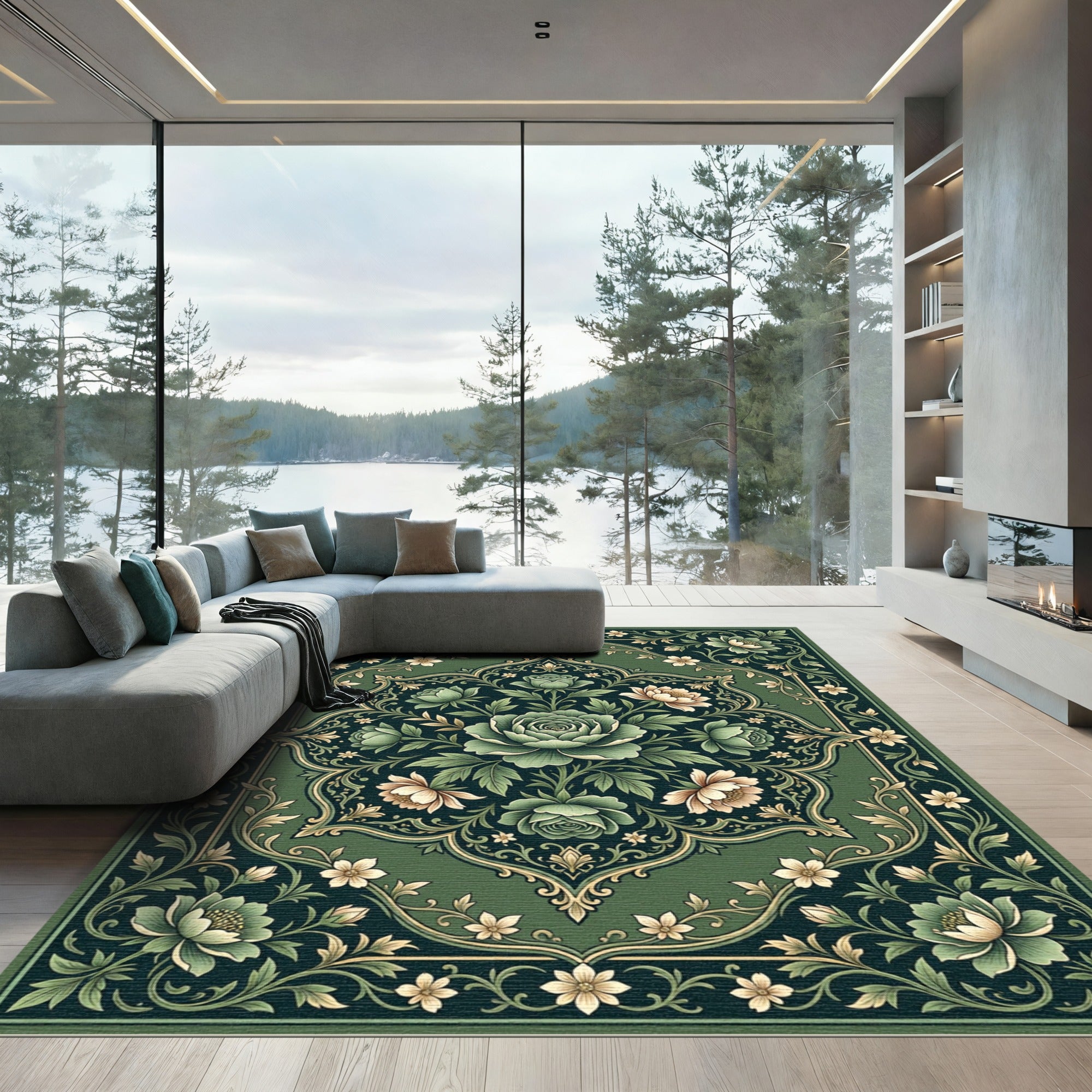 Emerald Rose Floral Medallion Arrangement Rug