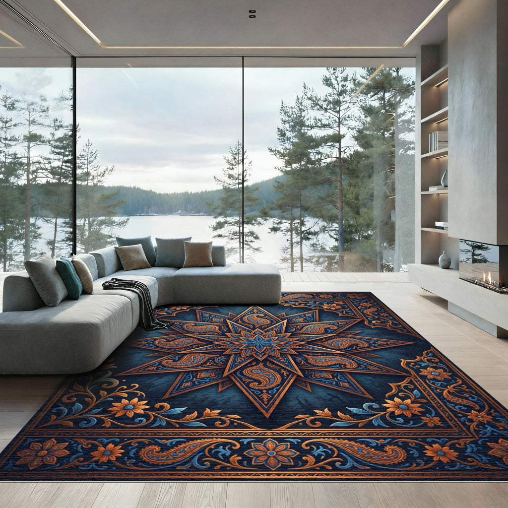 Ornate Teal and Gold Paisley Star Rug
