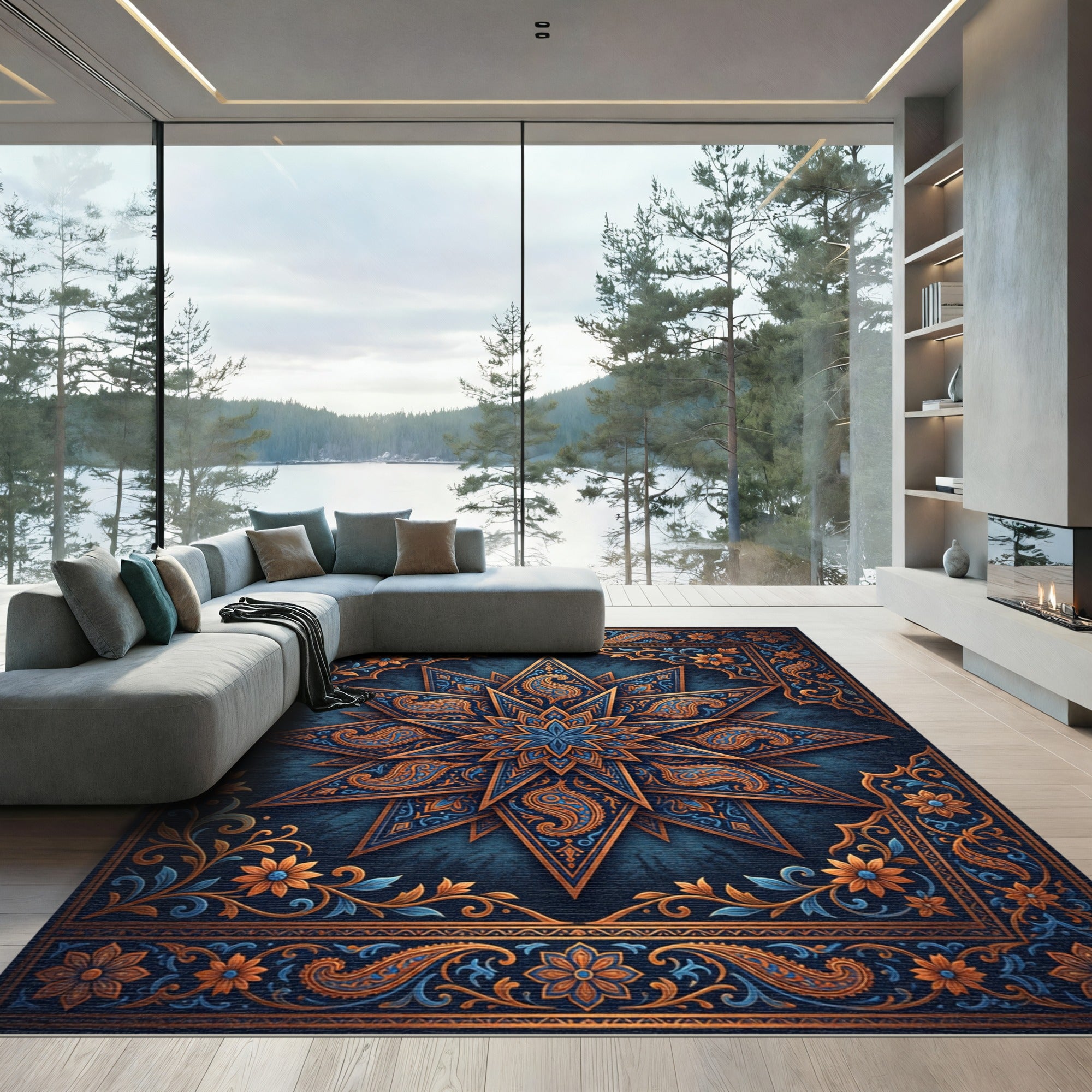 Ornate Teal and Gold Paisley Star Rug