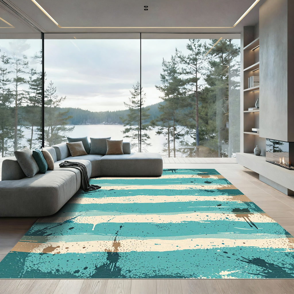 Distressed Teal and Cream Coastal Stripes Rug