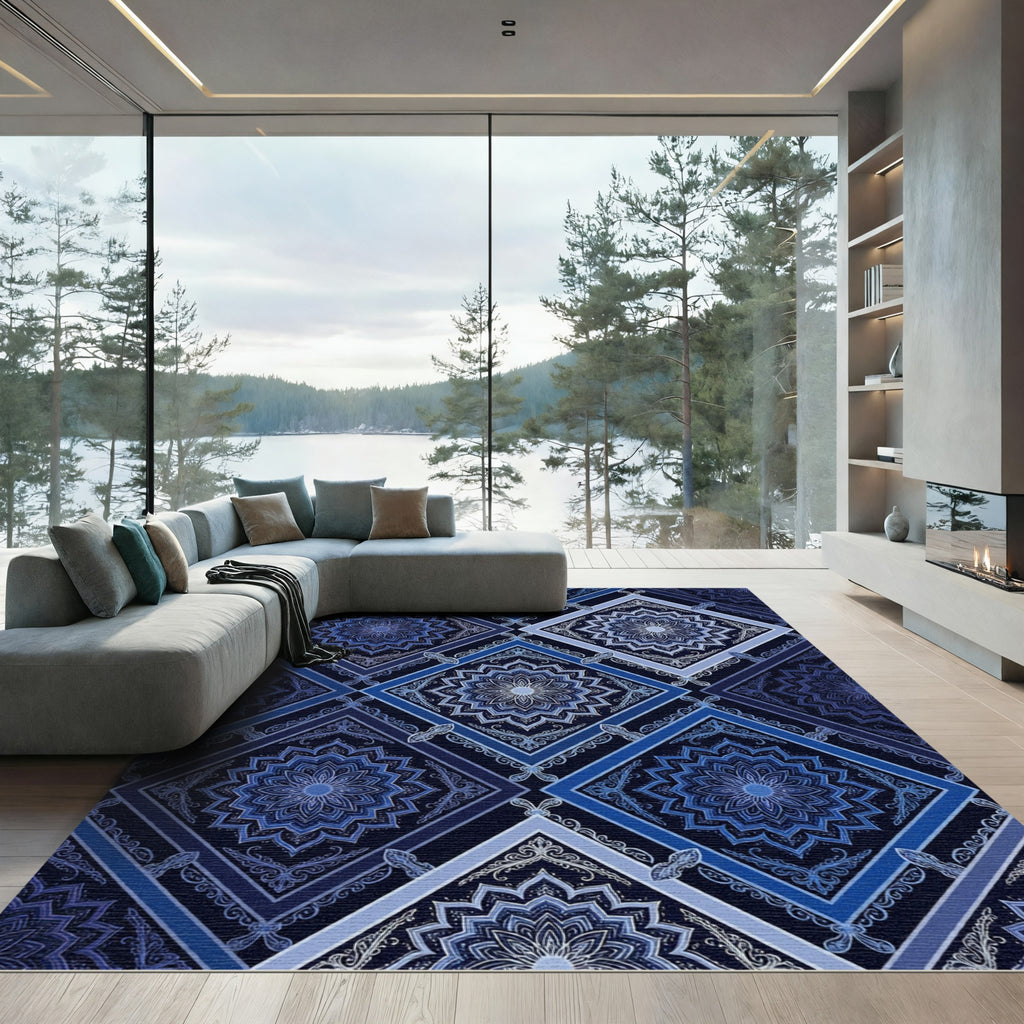 Midnight Blue Diamond Mandala Tile Rug