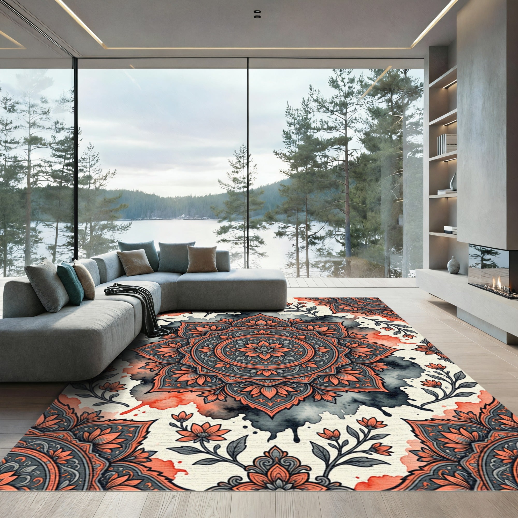 Coral Gray Floral Mandala Watercolor Splatter Rug