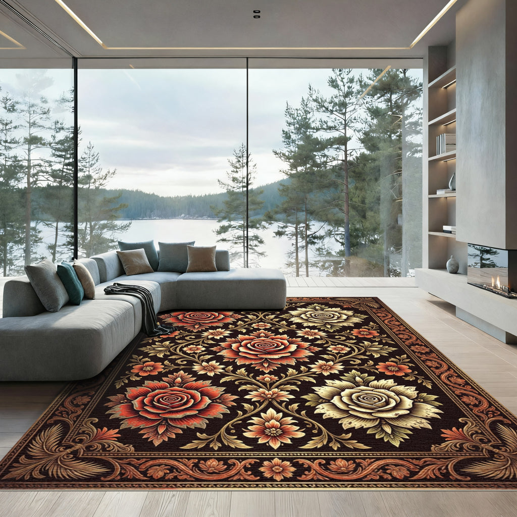 Vintage Crimson Ivory Floral Damask Rug