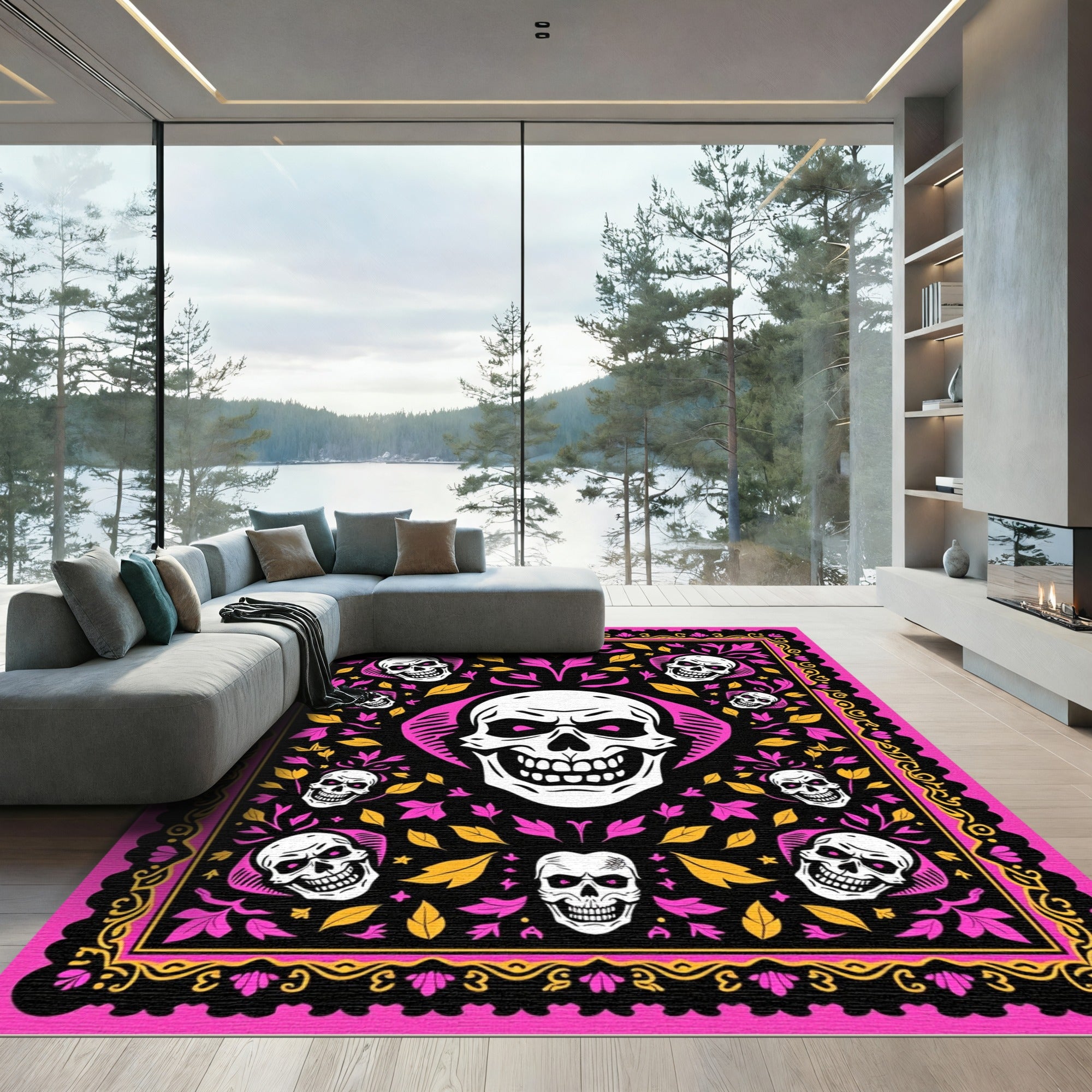 Vibrant Pink Skull Floral Border Rug