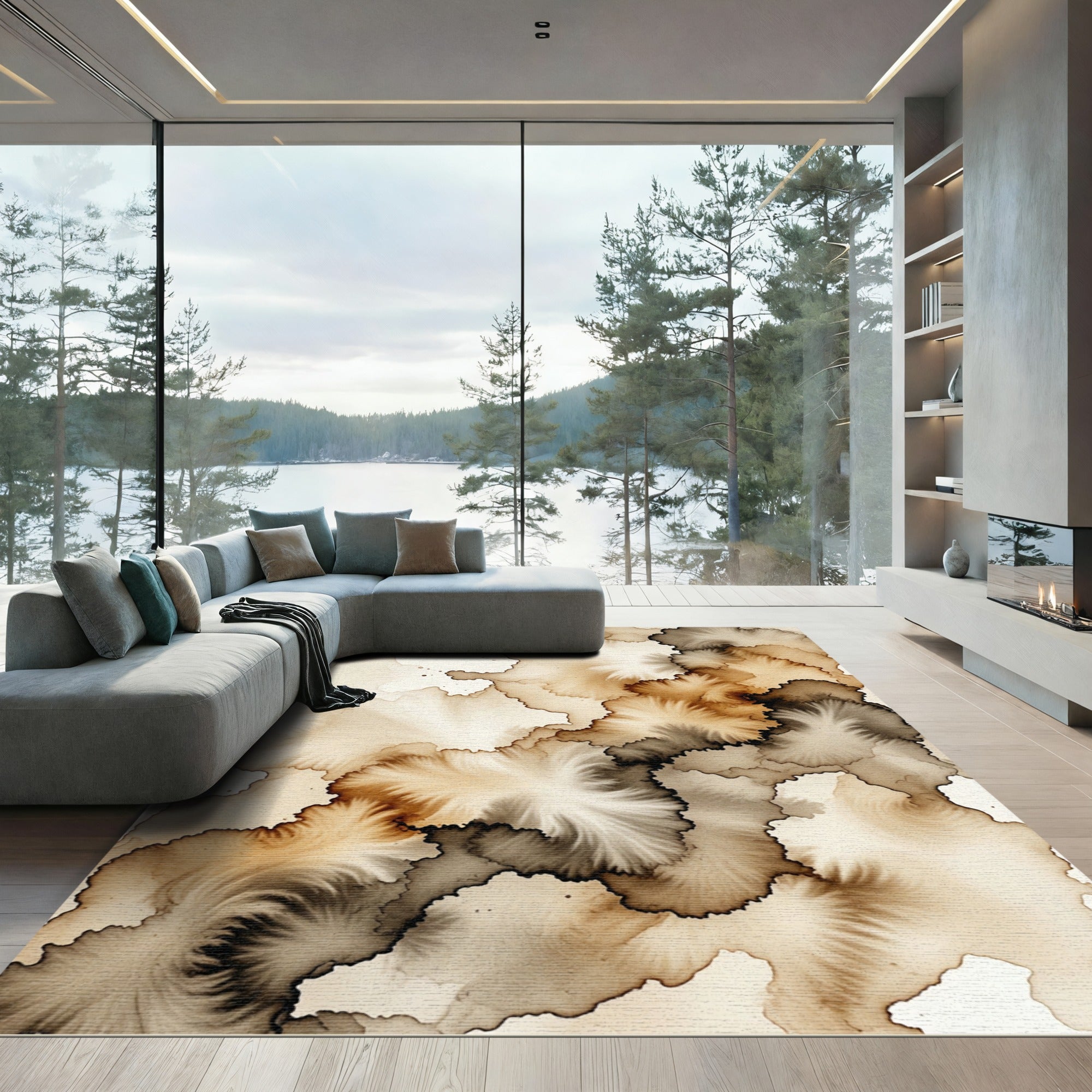 Earthy Sepia Organic Ink Wash Abstract Rug