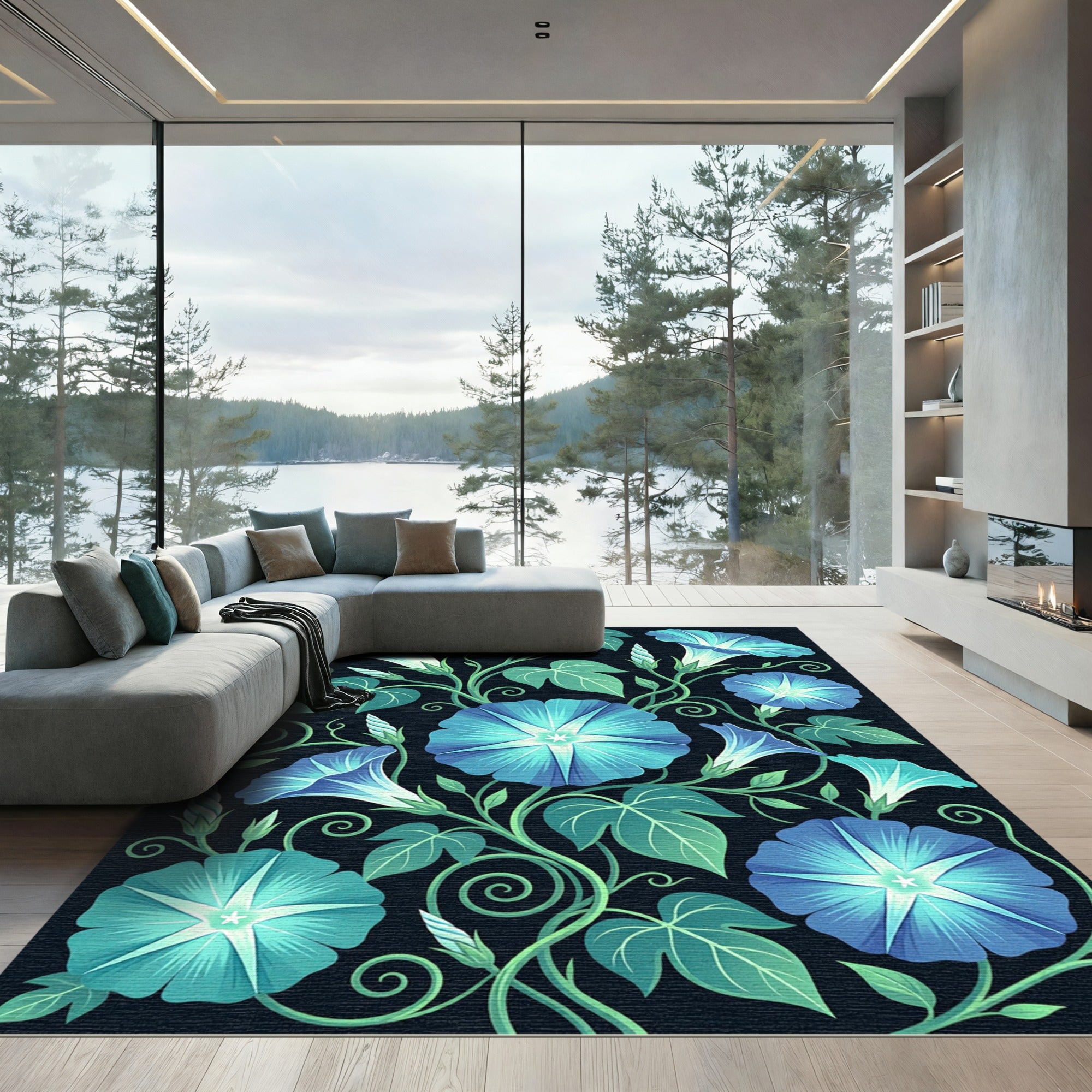 Luminous Blue Morning Glory Botanical Rug