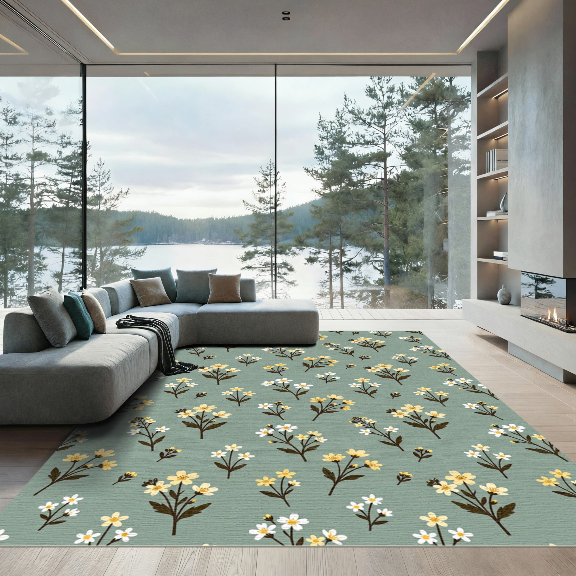 Sage Green Yellow Floral Meadow Rug