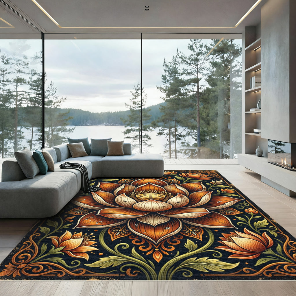 Ornate Amber Lotus Floral Illustration Rug