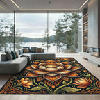 Ornate Amber Lotus Floral Illustration Rug