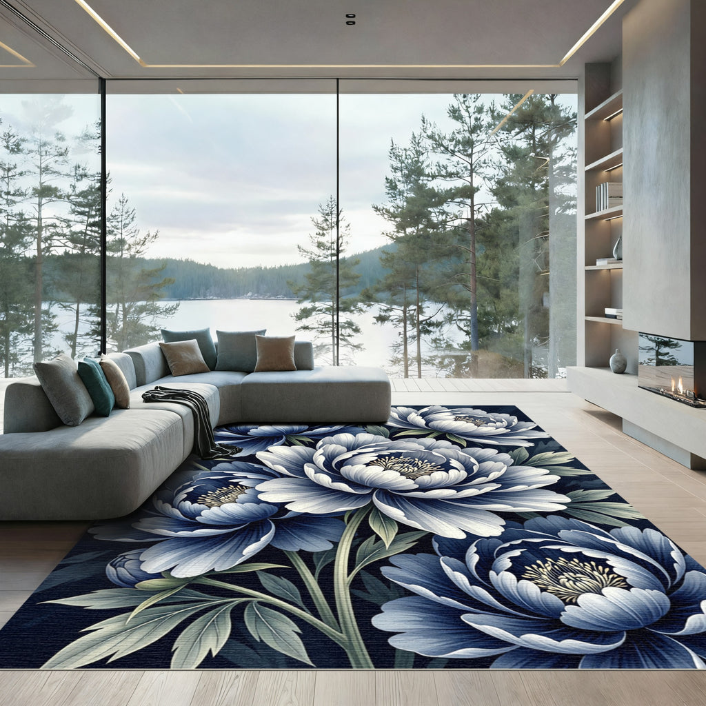 Elegant Navy Blue Peony Floral Rug