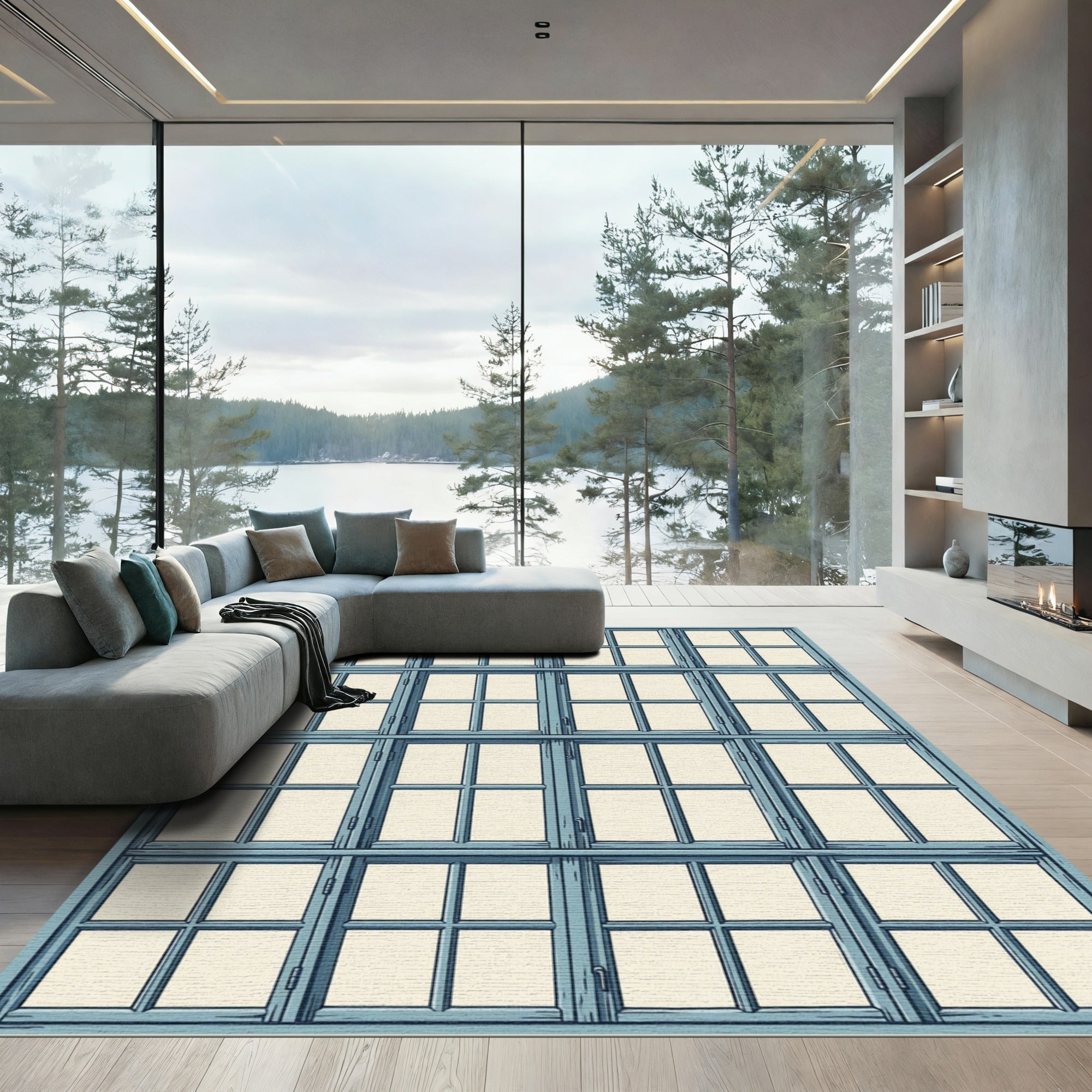 Geometric Blue Gridded Window Pane Rug