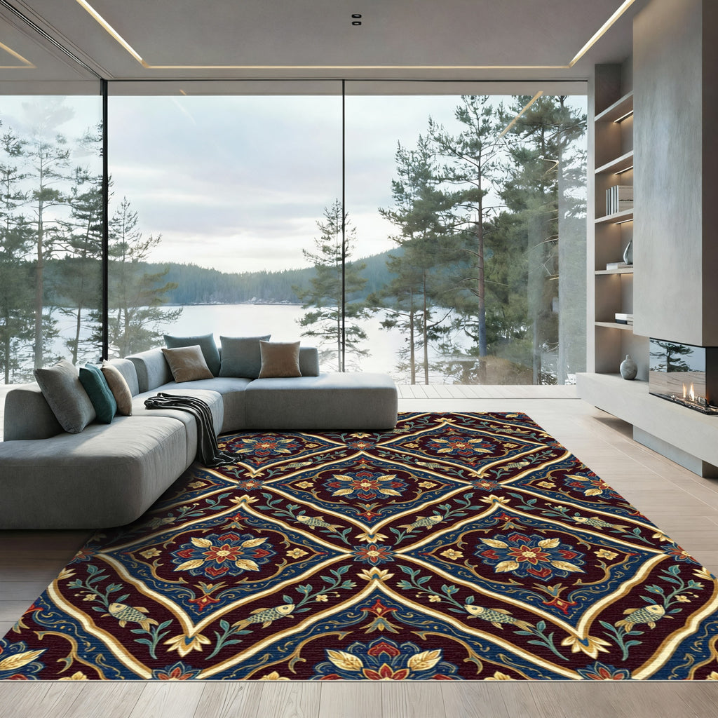 Ornate Deep Blue Floral Fish Medallion Rug