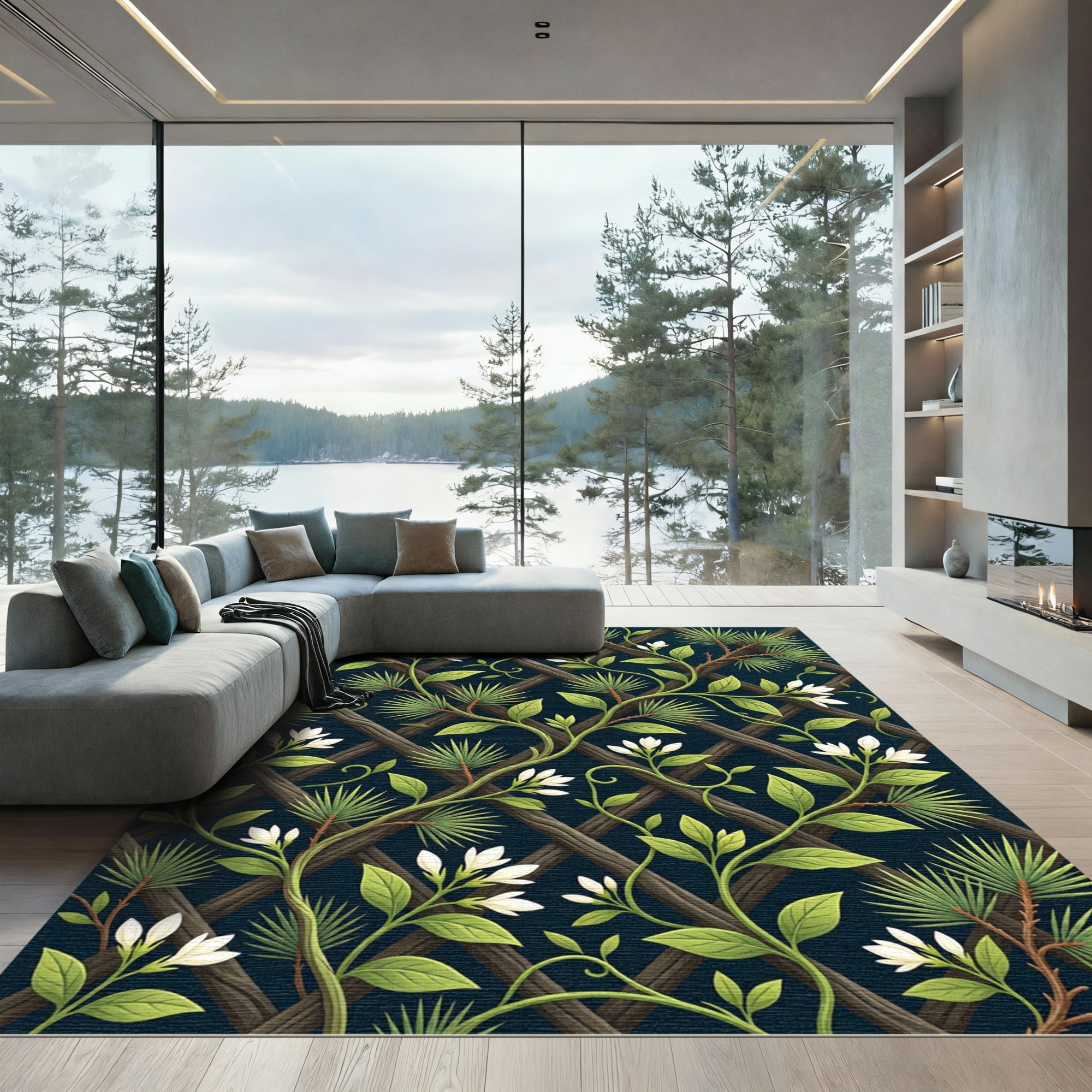 Dark Botanical Jasmine and Pine Trellis Rug