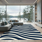 Midnight Blue Flowing Ivory Waves Rug