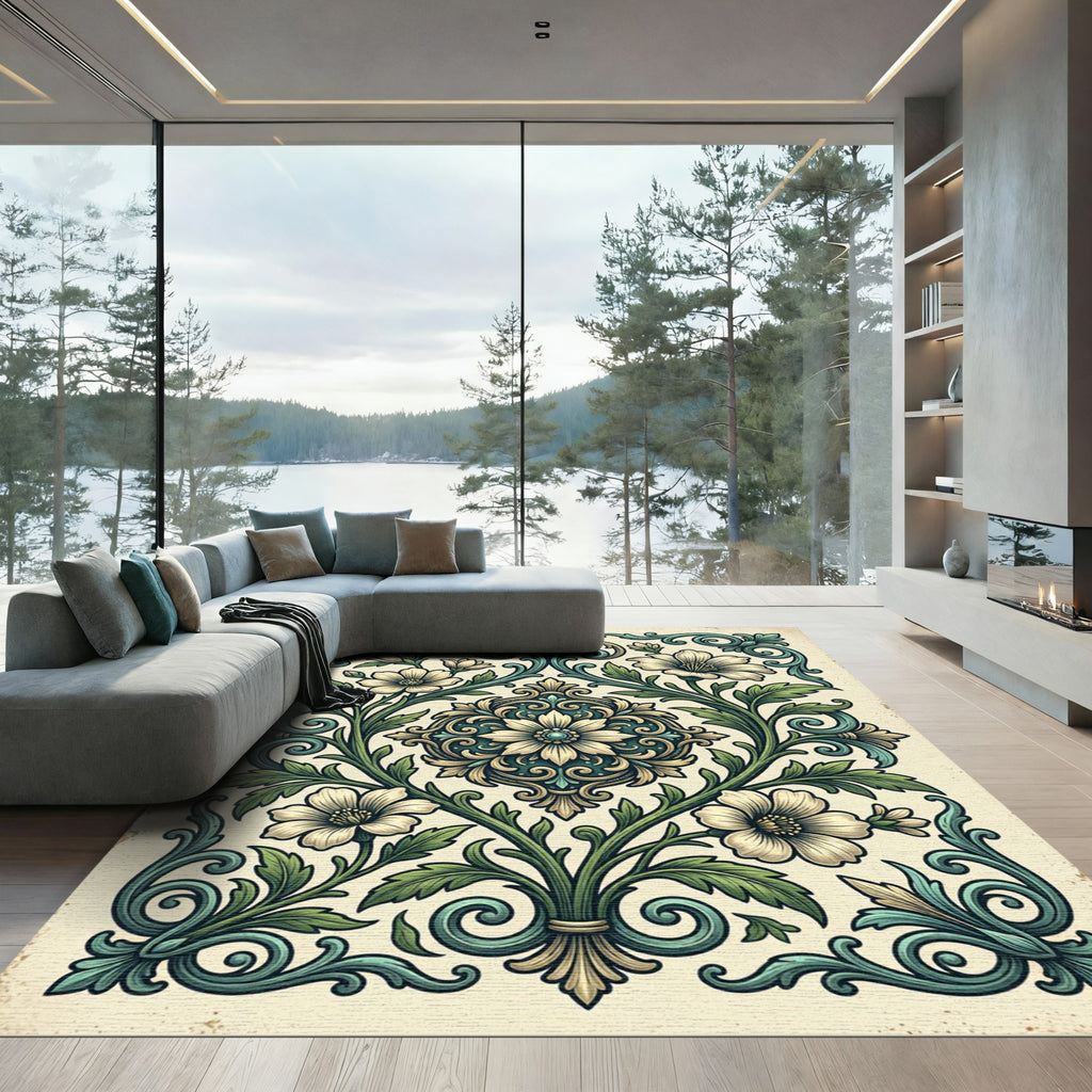 Elegant Teal Cream Floral Damask Rug