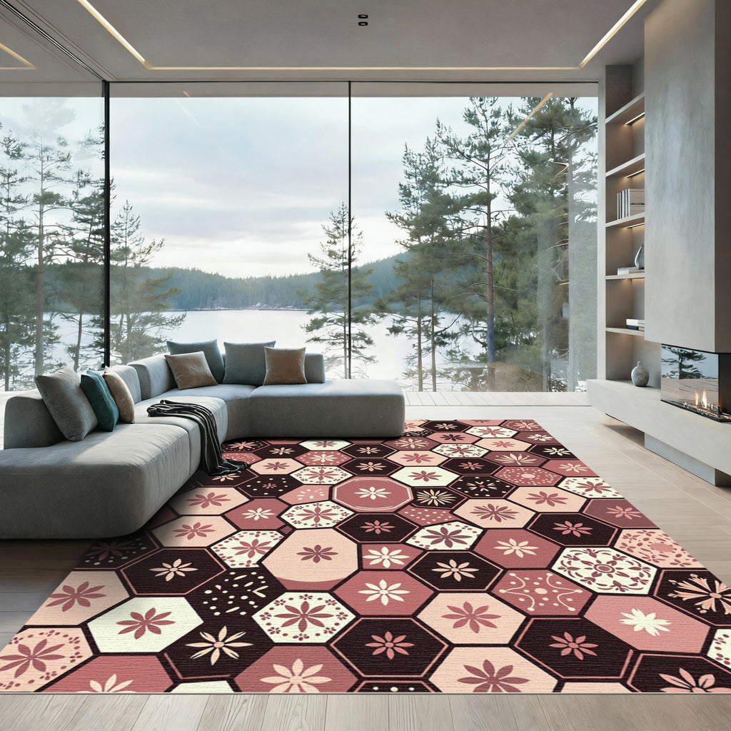 Earthy Rose Geometric Hexagon Floral Rug