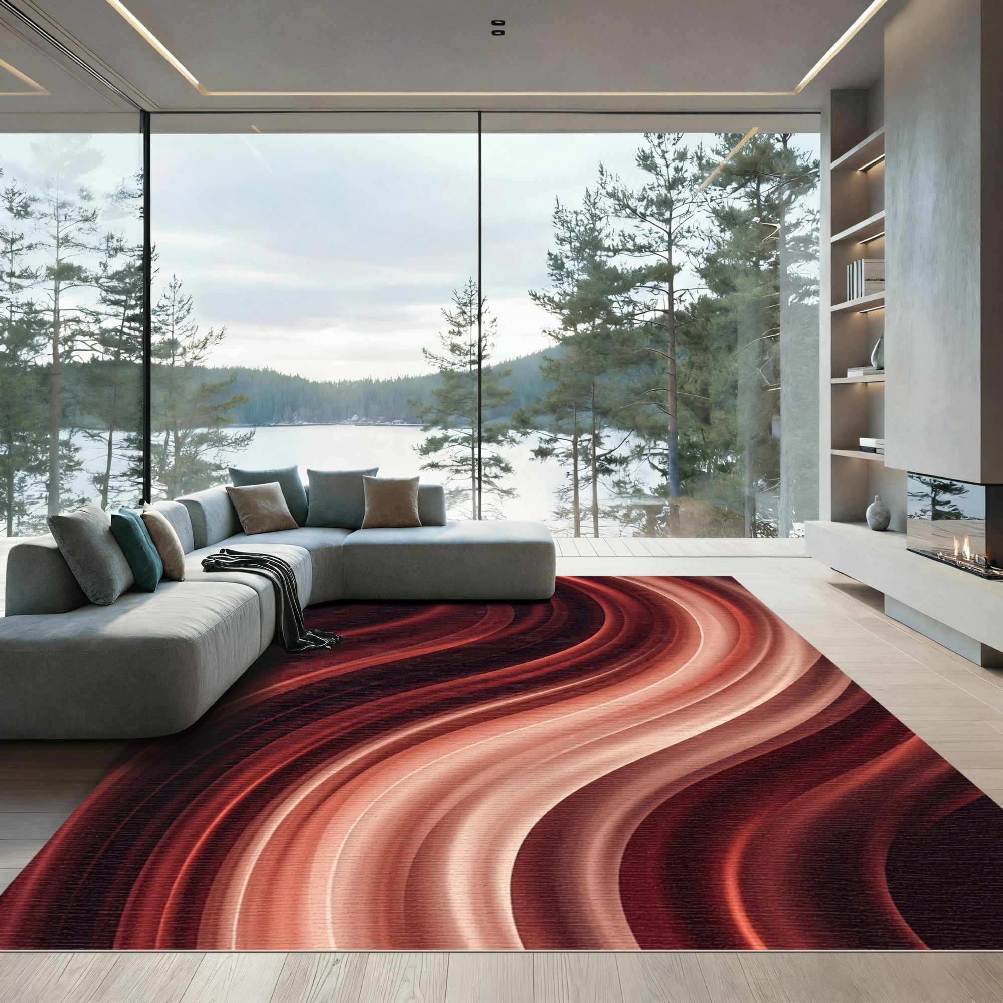 Elegant Wavy Crimson and Cream Flow Rug