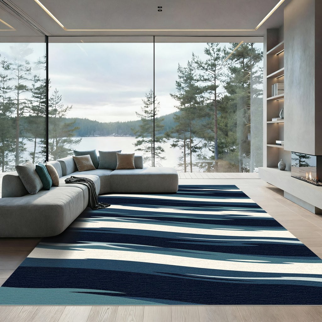 Abstract Navy Blue Striated Wave Rug