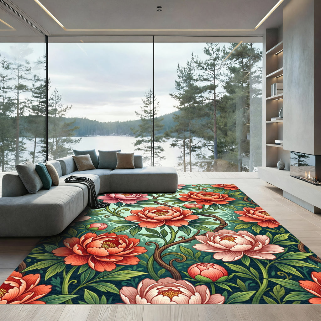 Coral Pink Peonies Garden Bloom Rug