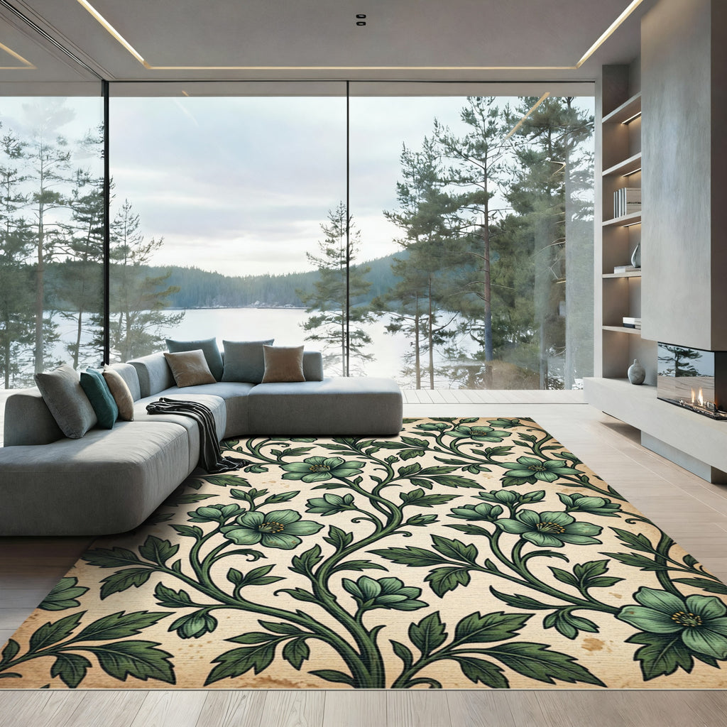 Sage Green Botanical Floral Scroll Runner Rug