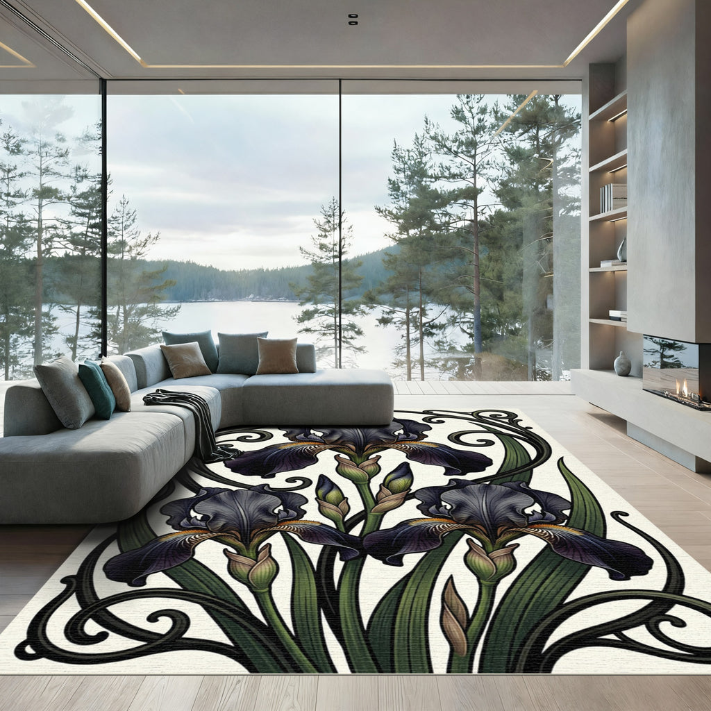 Dark Iris Nouveau Elegant Floral Swirls Rug