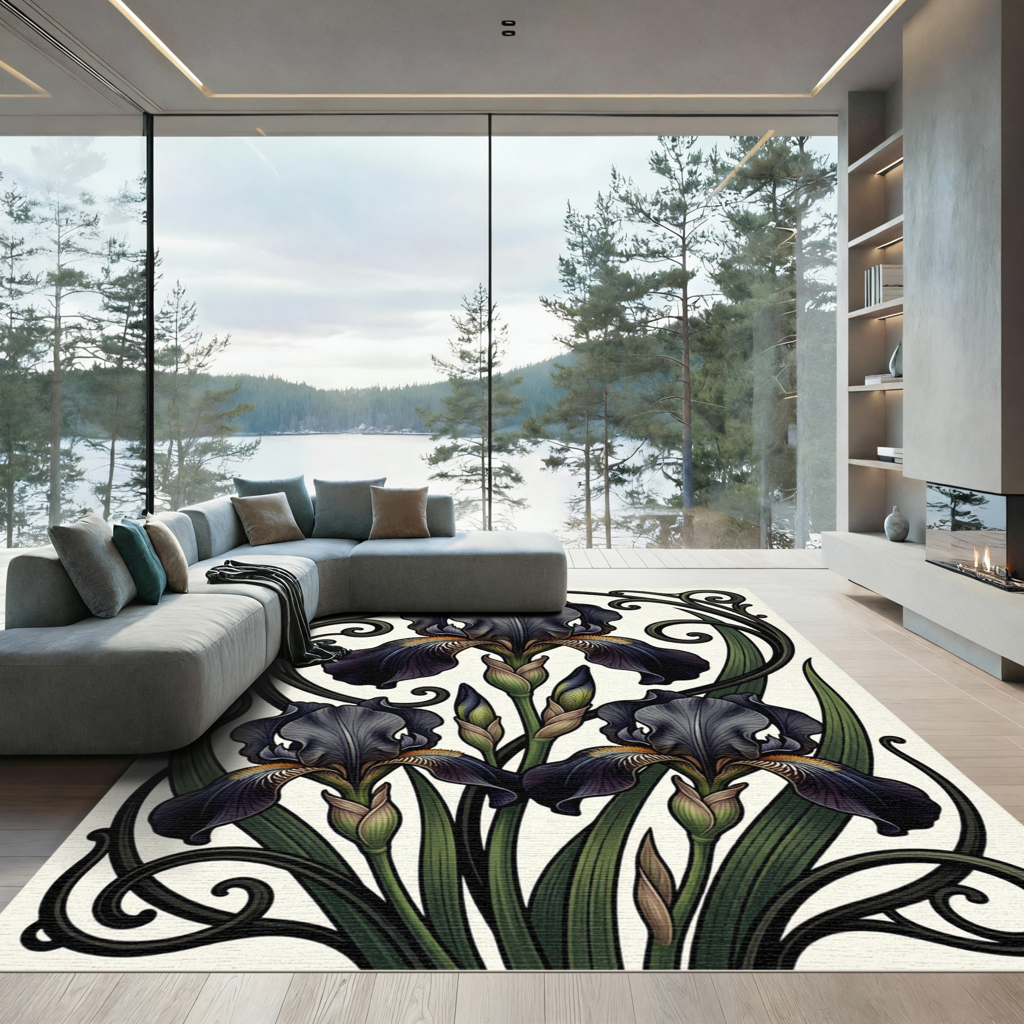 Dark Iris Nouveau Elegant Floral Swirls Rug