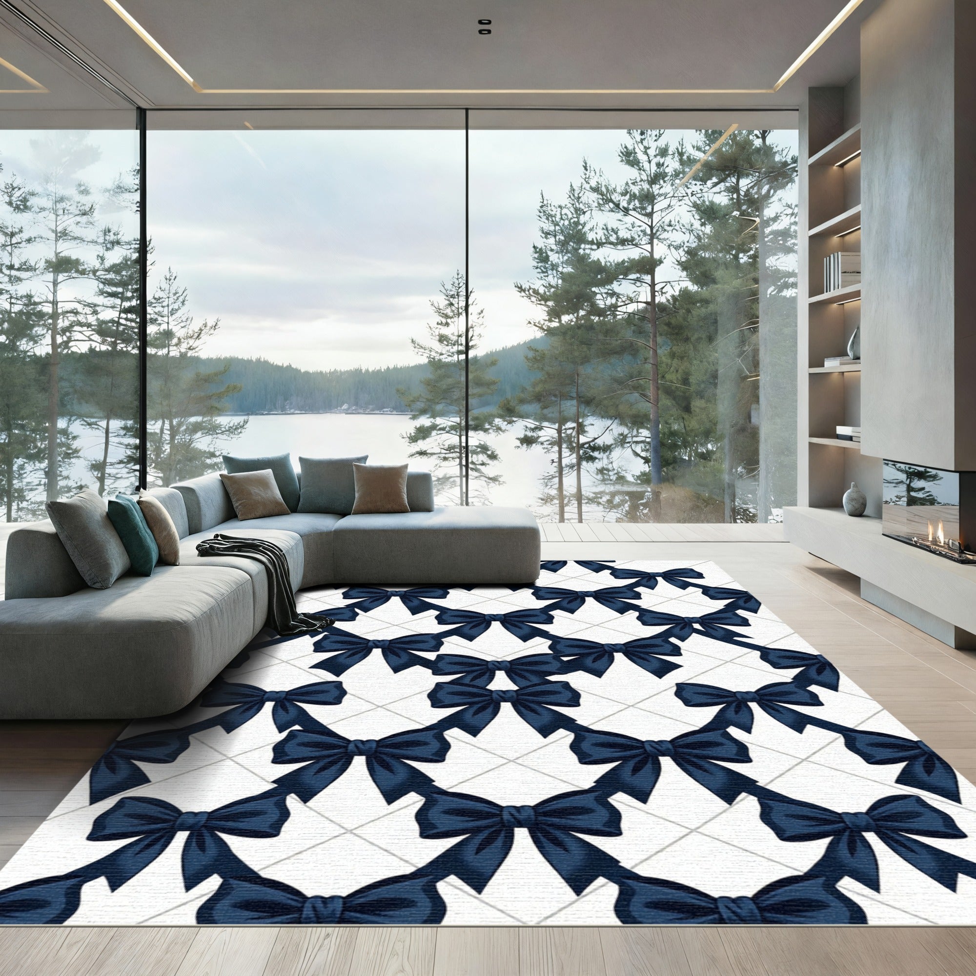 Sophisticated Navy Blue Ribbon Bow Grid Rug