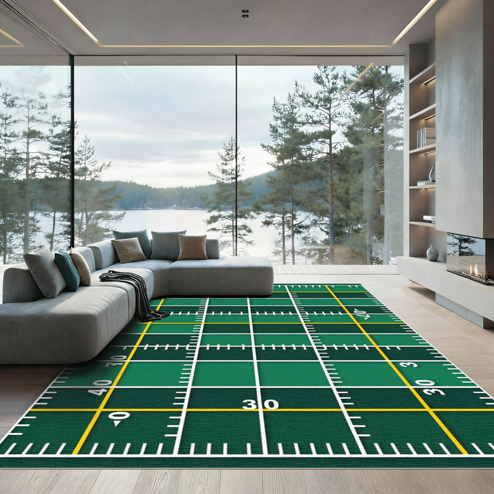Geometric Green Grid Yard Line Rug