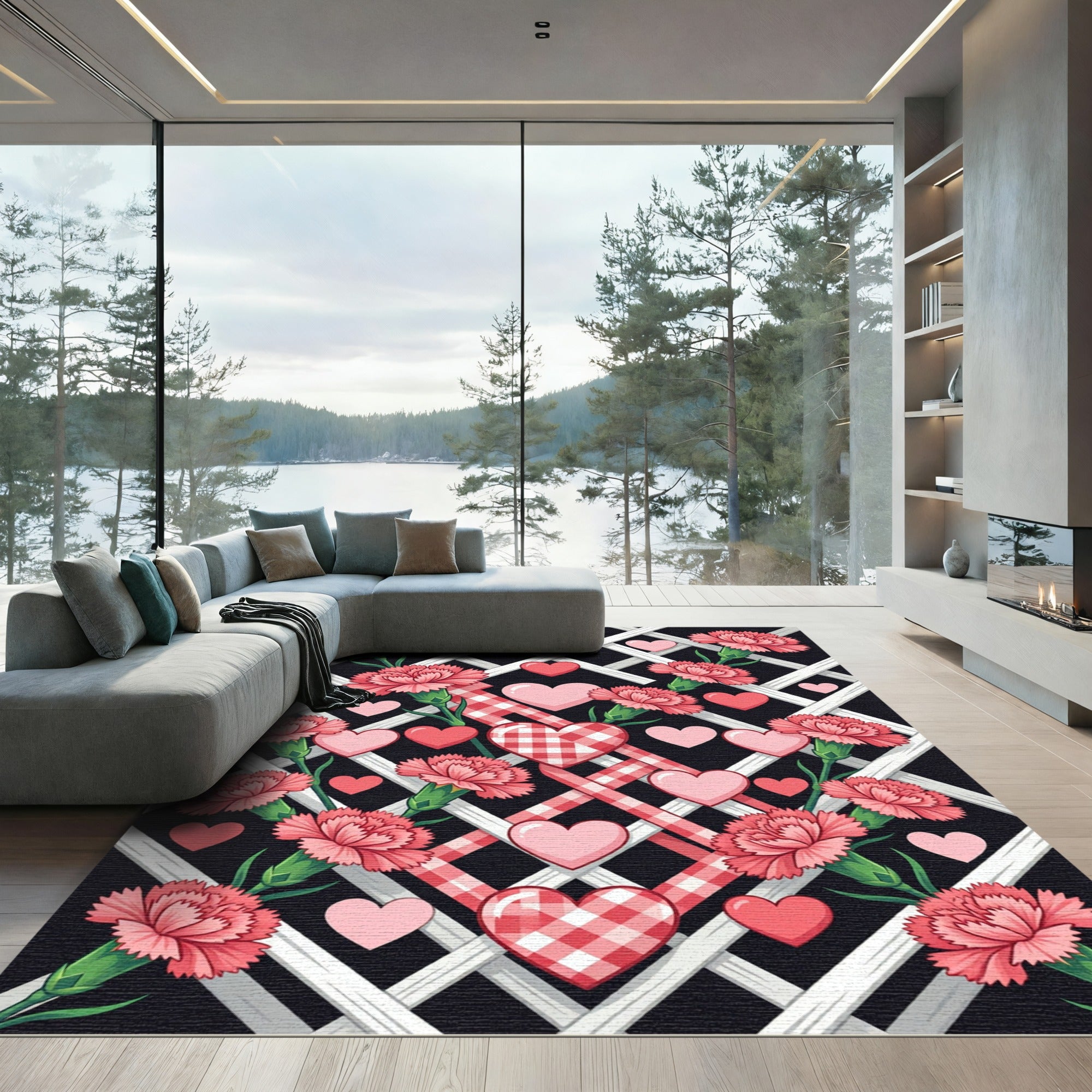Pink Carnation Hearts on Lattice Gingham Rug